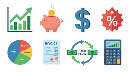 Fototapeta premium Financial Icons for Business Growth Piggy Bank Growth Chart Dollar Sign Discount Tag Pie Chart Invoice Cash Flow Calculator