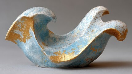 Abstract Sculpture With Blue White And Gold Glitter Against A Soft Gray Background