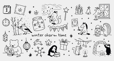Obraz premium Christmas and New Year cute winter animals illustration set for greeting cards, holiday designs and seasonal projects, vector