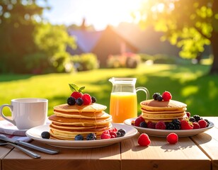 Stacked pancakes with fruit, juice, and coffee, outdoors