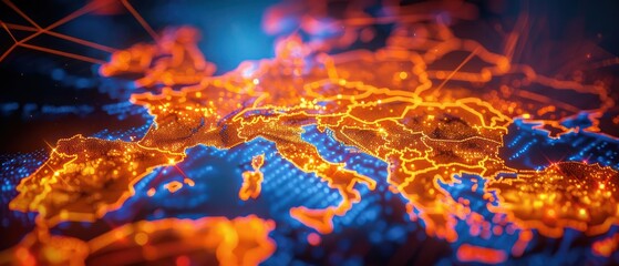 Red orange light glowing Abstract digital map of Western Europe, concept of European global network and connectivity, data transfer and cyber.