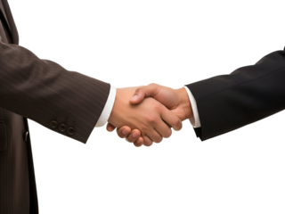 Close-up of a professional business handshake between two men in elegant dark suits, signifying agreement, trust, and partnership, isolated on transparent background.