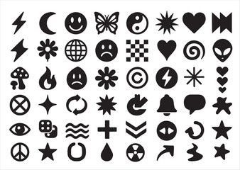 Massive Y2K Design Vector Icon Mega Set: Black Silhouette Retro Grunge Symbols for 90s and 2000s Aesthetic