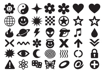 Massive Y2K Design Vector Icon Mega Set: Black Silhouette Retro Grunge Symbols for 90s and 2000s Aesthetic