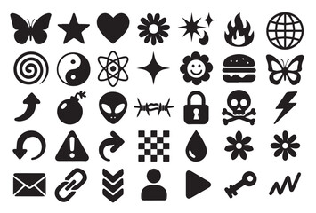 Y2K Design Elements Vector Set: Black Retro Grunge Icons Collection, 90s, and 2000s Aesthetic Symbols