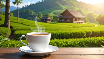 Steaming cup of tea sits on a wooden table, overlooking a lush green landscape
