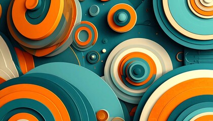 Abstract art featuring layered circles in shades of teal, orange, and white, creating a modern, textured backdrop
