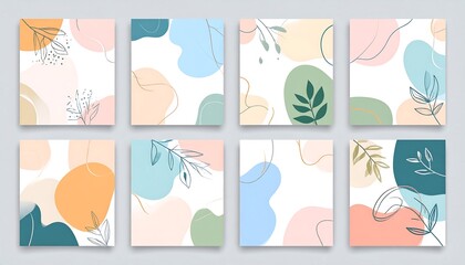 Abstract art set of eight designs with flowing shapes, pale colors, and minimal botanical line drawings on white