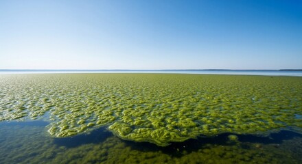 Fototapeta premium Thick green algae bloom covering a lake surface. Environmental concept of eutrophication and water pollution. Natural landscape with a clear blue sky for copy space