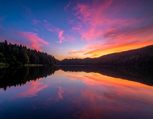 Stunning sunrise over a calm lake, vibrant colors reflected
