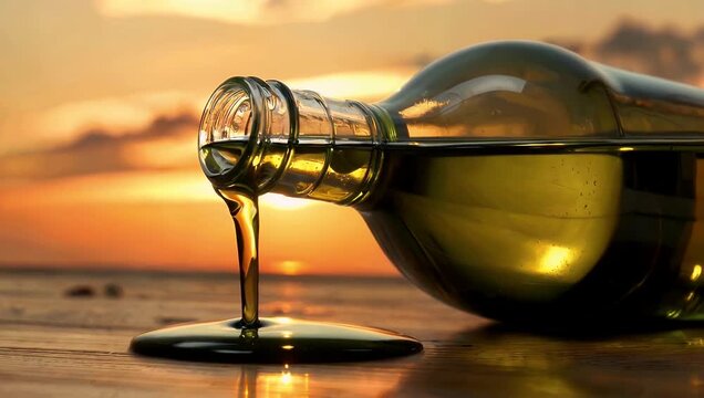 Elegant 4K Ultra HD slow motion close up video captured at 120fps showing a continuous stream of extra virgin olive oil pouring gracefully out of a glass bottle during sunset