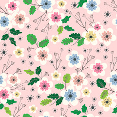 A seamless floral pattern featuring hand-drawn blossoms, delicate leaves, and soft color variations. The design is ideal for fabric printing, wallpaper, stationery and packaging