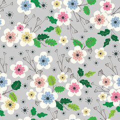 A seamless floral pattern featuring hand-drawn blossoms, delicate leaves, and soft color variations. The design is ideal for fabric printing, wallpaper, stationery and packaging