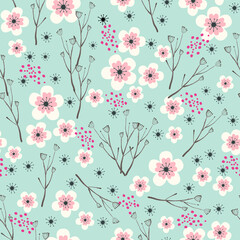 A seamless floral pattern featuring hand-drawn blossoms, delicate leaves, and soft color variations. The design is ideal for fabric printing, wallpaper, stationery and packaging