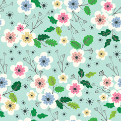 A seamless floral pattern featuring hand-drawn blossoms, delicate leaves, and soft color variations. The design is ideal for fabric printing, wallpaper, stationery and packaging