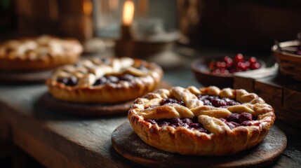 Freshly baked homemade fruit pie with lattice crust on a wooden board. Rustic bakery dessert for cozy evening or holiday celebration. Appetizing food.