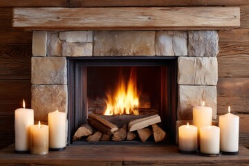 Cozy fireplace with burning logs and warm candles