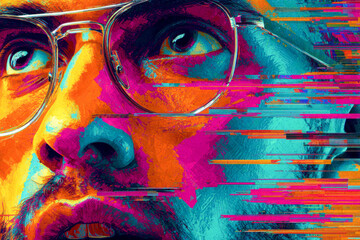 Vibrant digital portrait of a man with glasses featuring glitch art effects in bold neon colors and dynamic horizontal streaks on a textured background