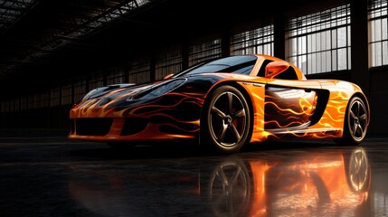 Orange sport car with flaming pattern on black background, showcasing speed concept and custom design. Shiny modern vehicle in garage.