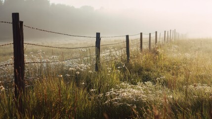 Countryside barbed wire fence in misty agricultural field with wild flower. Rural landscape or farm boundary for security concept.