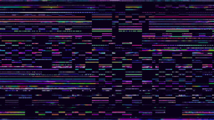 Glitch Pixels Screen. Abstract Cyberpunk Purple Glitched Background. Abstract Noise Effect, Error Video Damage, Stylized Data Corrupted Lines. Vector illustration. 