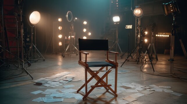 Empty director chair on movie set. Film production backdrop with bright lighting equipment and scattered scripts for cinema industry concept.