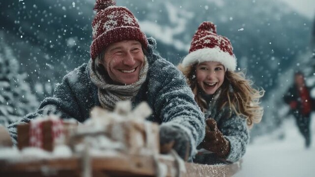 A joyful father and daughter sledding down a snowy hill, surrounded by pine trees and festive holiday spirit. Both are wearing matching red knit hats and cozy sweaters 