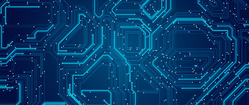Blue Circuit Board Digital Electronics Background. Artificial Intelligence AI Microchip CPU Technology Backdrop Pattern. Computer Motherboard Vector Illustration.