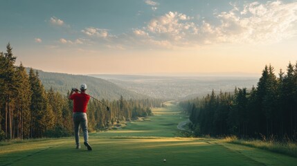 Man golfer hitting ball on beautiful green course, with dense forest and mountain landscape in background. Summer sport and challenging game concept.