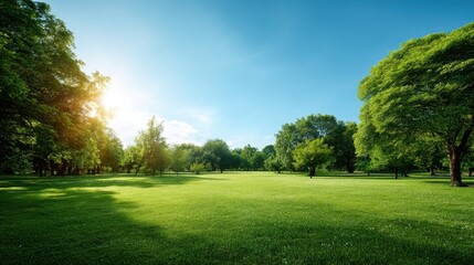 Obraz premium Bright sun over lush green meadow in a park. Nature scenery for outdoor activity, relaxation, fresh air, healthy lifestyle. Beautiful natural landscape.