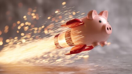 Piggy bank as a rocket flying fast with fire. Concept of fast financial growth, rapid investment, and quick economic success.