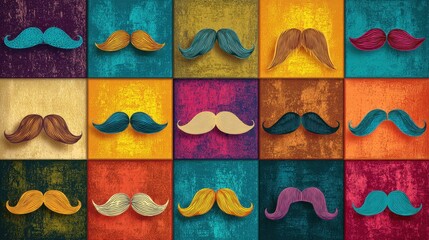Many colorful mustache on textured background. Movember or Fathers Day concept. Male health awareness and retro fashion theme.