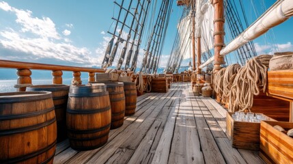 Wooden deck of an old sailing ship on the sea. Historic tall ship for adventure travel, nautical tourism, and maritime history concepts.