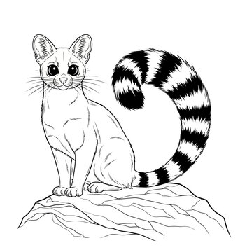 A cute ring-tailed cat perched on a rock, black and white line art coloring page design
