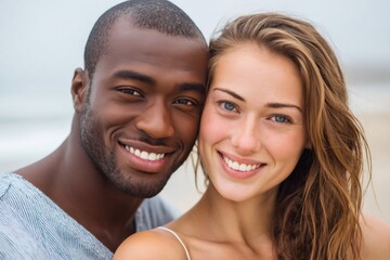 Diverse couple smiling with happiness showing love and unity