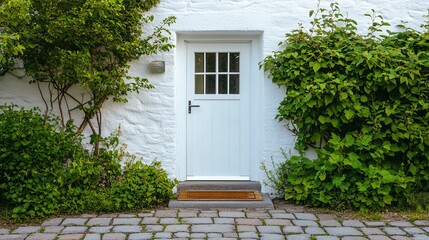 Naklejka premium Chic home facade, Modern exterior featuring vibrant plants and artistic embellishments, Stylish front of residence displaying lively greenery and decorative art elements