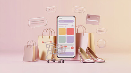 3D Online Shopping Mobile App with Shopping Bags, Cart, and Fashion Accessories
