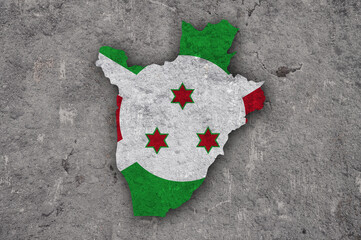 Karte und Fahne von Burundi auf verwittertem Beton