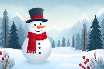 Obraz premium Snowman wearing hat and scarf in winter forest landscape