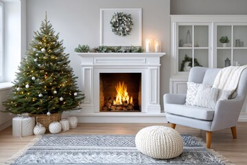 Naklejka premium Christmas tree with lit fireplace in cozy living room