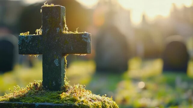 Video Cemetery scene with moss-covered cross in front, suitable for funeral or memorial uses