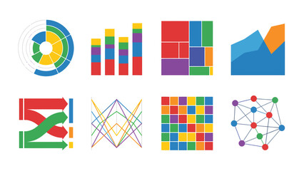 Obraz premium Colorful Data Visualization Icons and Graphics Charts Graphs and Diagrams for Analytics and Reporting