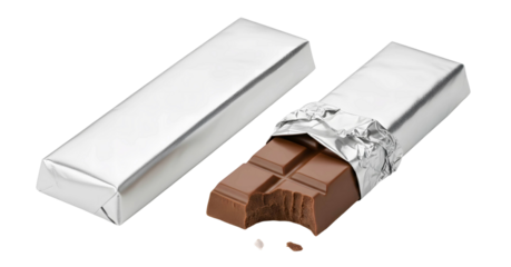 Two delectable milk chocolate bars, one neatly wrapped in shimmering silver foil and the other partially opened with a satisfying bite taken, presenting a delightful sweet indulgence