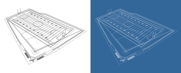 Isometric architectural blueprint of a sports stadium field combining soccer, baseball, and American football line markings shown in white and blue design for planning visualization © WINDERFULL STUDIO