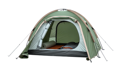 Green Camping Tent Open with Sleeping Bag and Mat