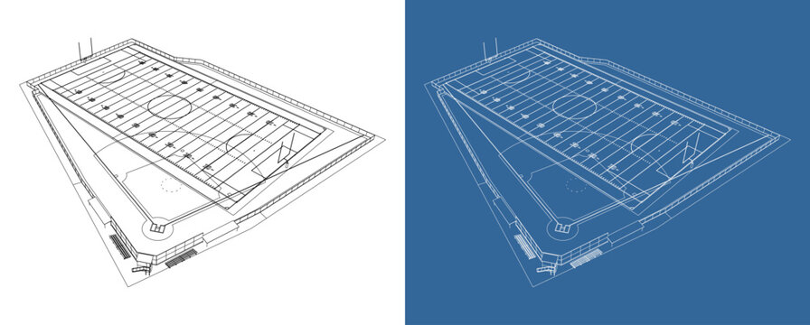 Isometric architectural blueprint of a sports stadium field combining soccer, baseball, and American football line markings shown in white and blue design for planning visualization