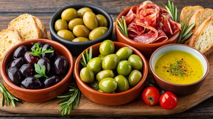 Mediterranean tapas board with olives, salami, and olive oil