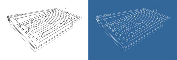 Isometric lower-angle blueprint of stadium fields with focus on baseball and surrounding soccer and football markings