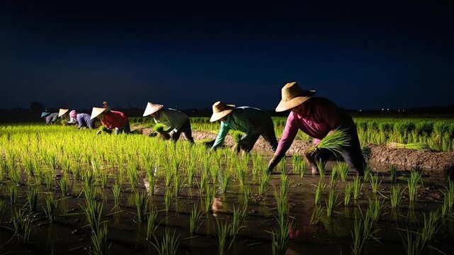 Farmers working in a rice field at night under the dark sky.