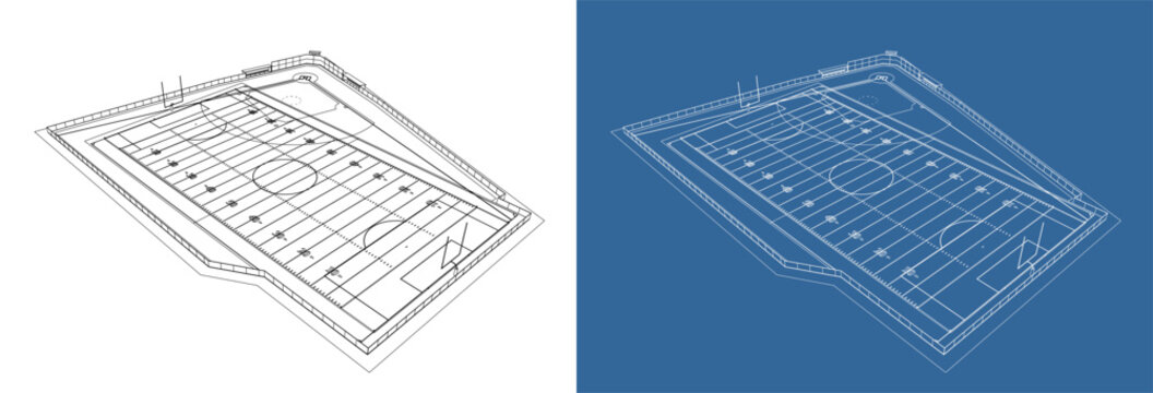 Technical blueprint visualization of a multi-sport stadium from right isometric angle showing detailed line markings for soccer, baseball, and American football